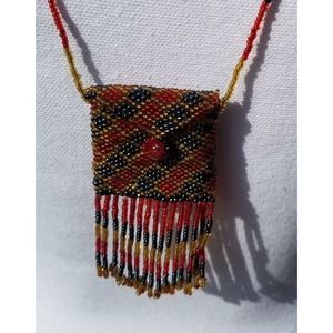 Beaded Pouch Envelope Necklace with Fringe Hippie Style Grateful Dead Phish